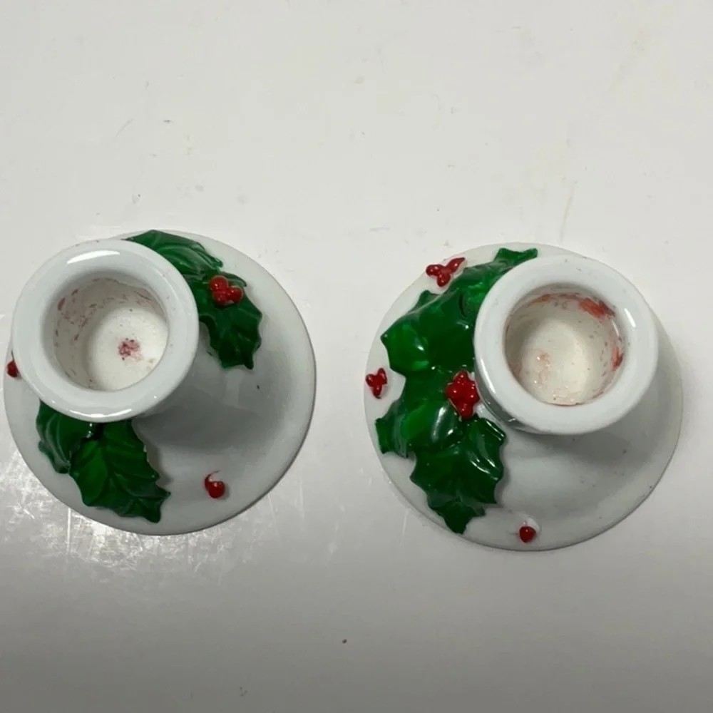 Vintage Christmas Holly & Berries Candleholders Set of 2